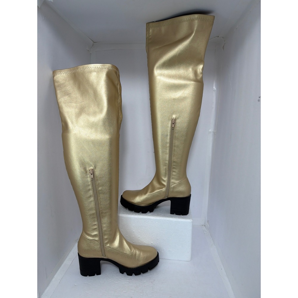 Metallic Gold Over The Knee Lug Sole Block Heel Boots Womens Size 7 37